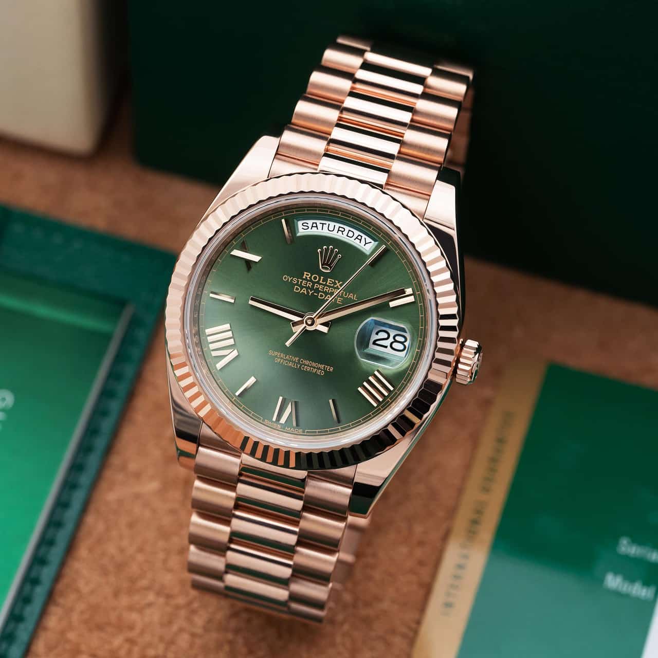 Rd *Rolex Day-Date 41 Fluted Bezel Rose Gold Green Dial