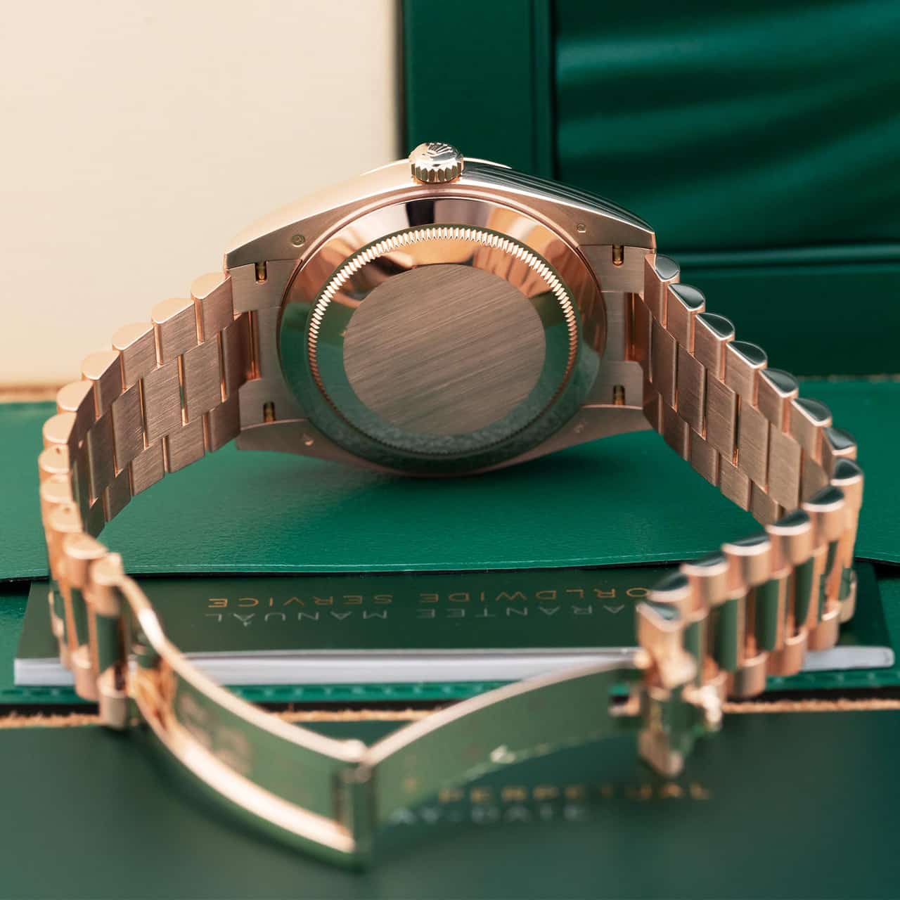 Rd *Rolex Day-Date 41 Fluted Bezel Rose Gold Green Dial