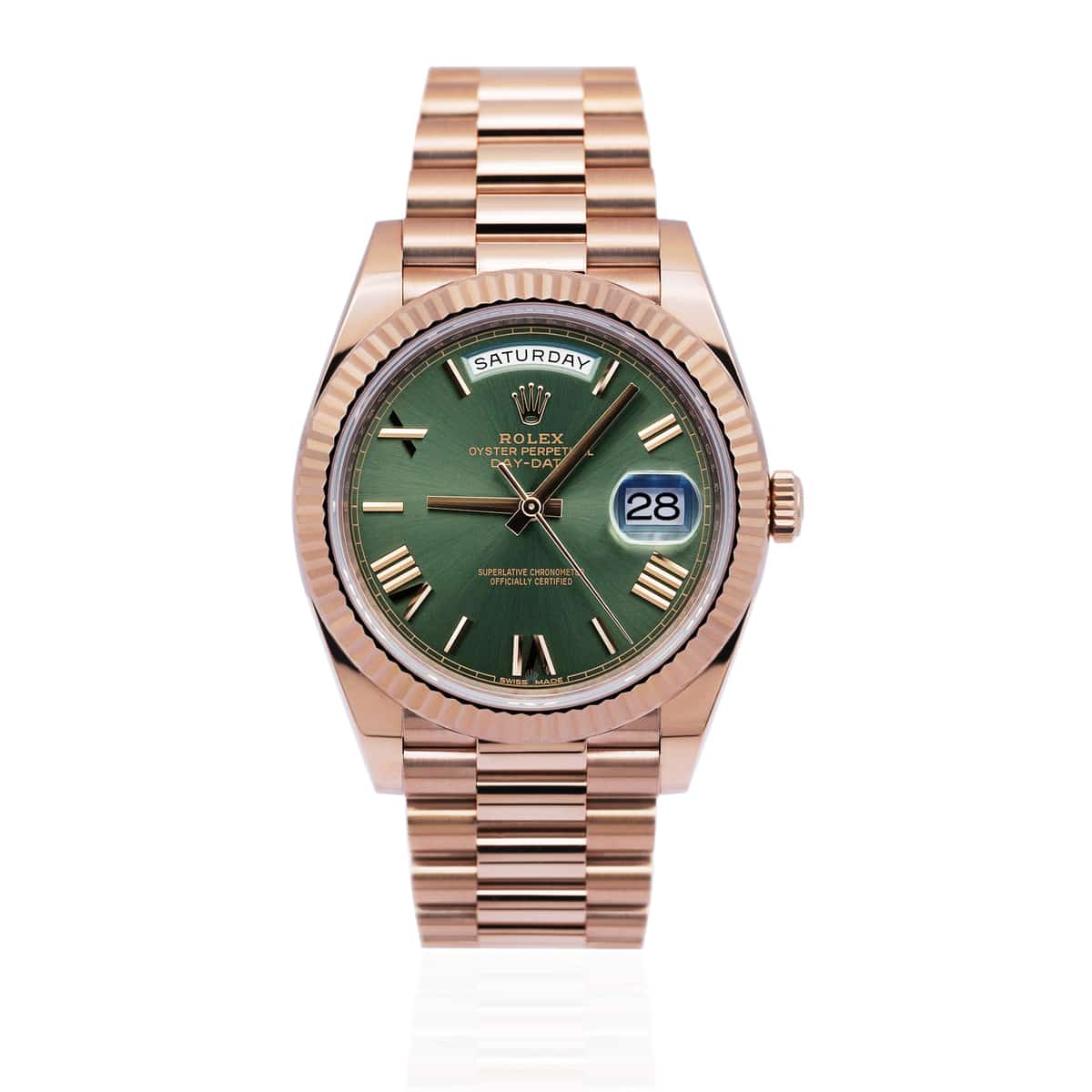 Rd *Rolex Day-Date 41 Fluted Bezel Rose Gold Green Dial