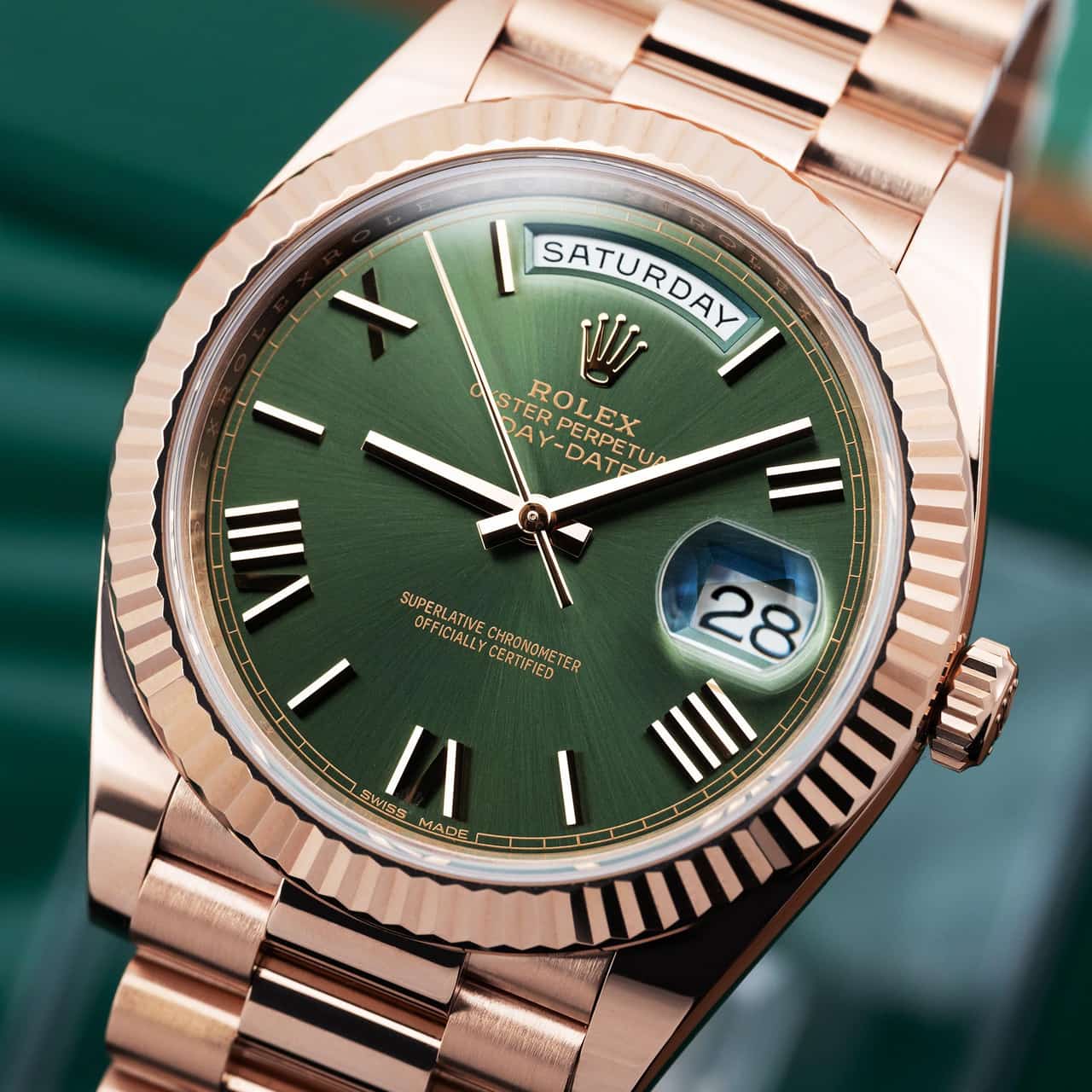Rd *Rolex Day-Date 41 Fluted Bezel Rose Gold Green Dial