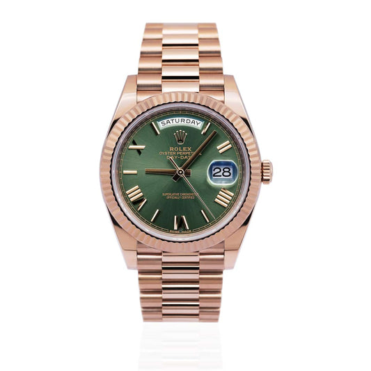 Rd *Rolex Day-Date 41 Fluted Bezel Rose Gold Green Dial
